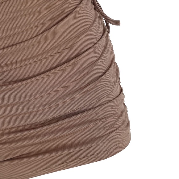Ribbed V-Neck Waist Side Cutout Tie Ruched Slinky Bodycon Mini Dress Coffee S - Picture 8 of 15